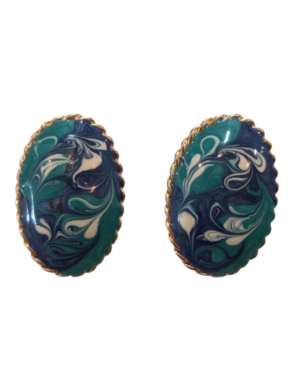 Vintage 1980s Teal & Blue Abstract Swirl Enamel Clip-On Earrings